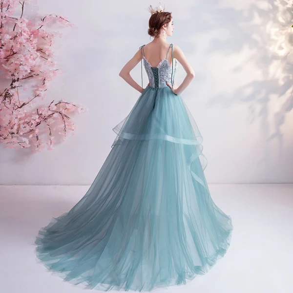 Elegancka Limonkowy Sukienki Na Bal 2020 Princessa Spaghetti Pasy Z Koronki Kwiat Bez Rękawów Bez Pleców Kaskadowe Falbany Trenem Sweep Sukienki Wizytowe