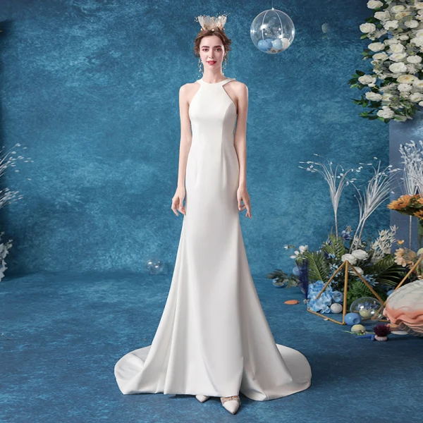 Affordable Ivory Wedding Dresses 2020 Trumpet / Mermaid Scoop Neck Lace Flower Sleeveless Backless Court Train
