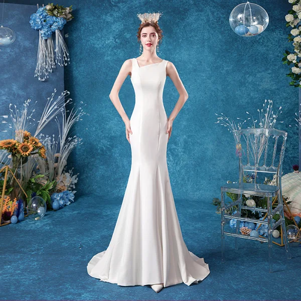 Affordable Ivory Wedding Dresses 2020 Trumpet / Mermaid Square Neckline Pierced Lace Flower Sleeveless Sweep Train
