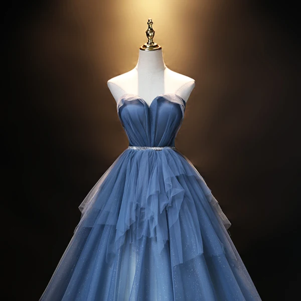 Fashion Ocean Blue Prom Dresses 2021 A-Line / Princess Strapless Rhinestone Sash Sleeveless Backless Floor-Length / Long Formal Dresses