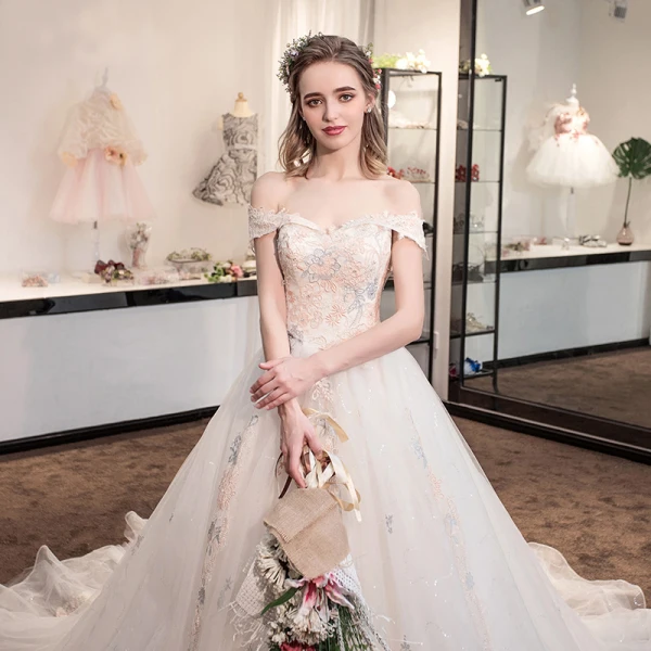 Chic / Beautiful Champagne Wedding Dresses 2018 A-Line / Princess Glitter Lace Flower Rhinestone Off-The-Shoulder Backless Sleeveless Cathedral Train Wedding