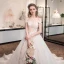 Chic / Beautiful Champagne Wedding Dresses 2018 A-Line / Princess Glitter Lace Flower Rhinestone Off-The-Shoulder Backless Sleeveless Cathedral Train Wedding