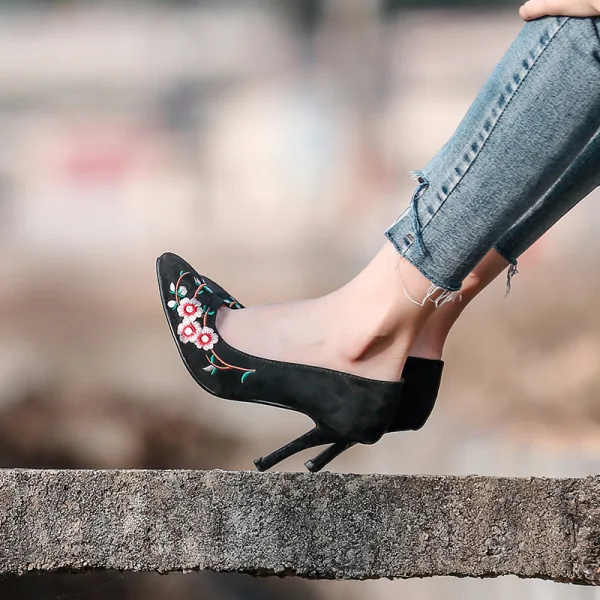 Chic / Belle Noire Vêtement de rue Daim Escarpins 2020 Brodé 7 cm Talons Aiguilles À Bout Pointu Escarpins