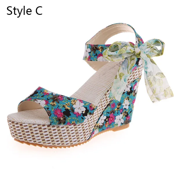 Fashion Red Beach Floral Womens Sandals 2020 Bow 11 cm Wedges Open / Peep Toe Sandals