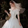 Affordable Ivory Glitter Sequins Wedding Dresses 2021 Ball Gown Off-The-Shoulder Lace Flower Short Sleeve Backless Floor-Length / Long Wedding