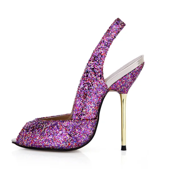 Chic / Belle Argenté Paillettes Slingbacks Sandales Femme 2020 11 cm Talons Aiguilles Peep Toes / Bout Ouvert Sandales