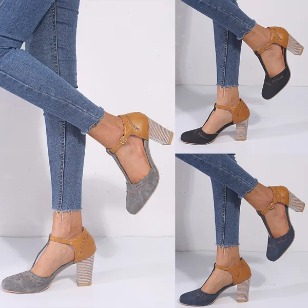 Roman Black Street Wear Womens Sandals 2020 T-Strap 8 cm Thick Heels Round Toe Sandals