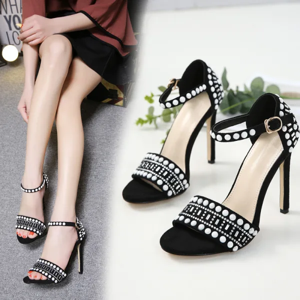 Chic / Belle Noire Rendez-vous Sandales Femme 2020 Faux Diamant Daim 8 cm Talons Aiguilles Peep Toes / Bout Ouvert Sandales
