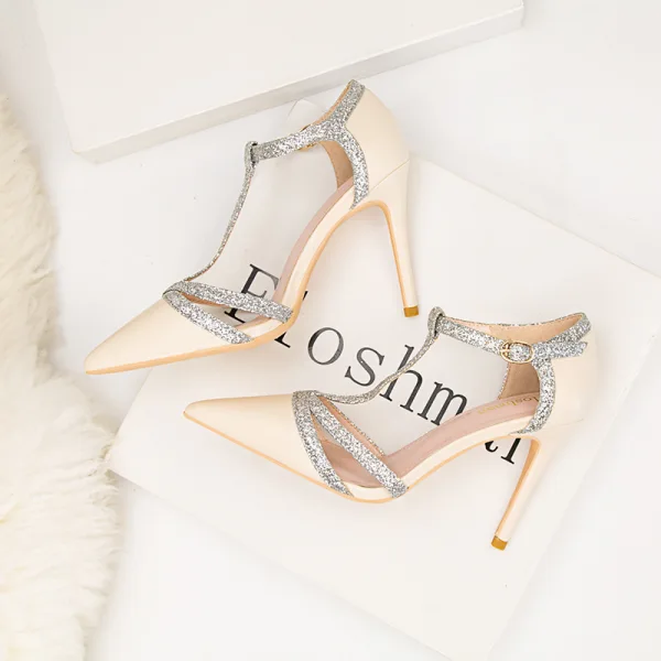 Fashion Nude Evening Party Womens Sandals 2020 Sequins T-Strap 11 cm Stiletto Heels Pointed Toe Sandals