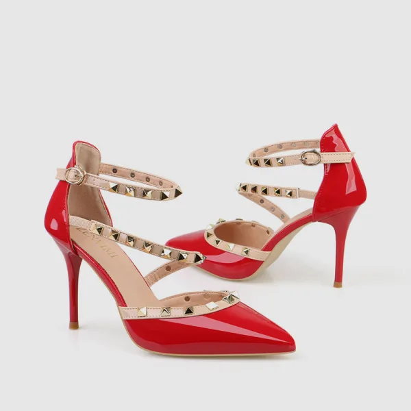 Affordable Nude Rave Club Rivet Womens Sandals 2020 Patent Leather Ankle Strap 9 cm Stiletto Heels Pointed Toe Sandals