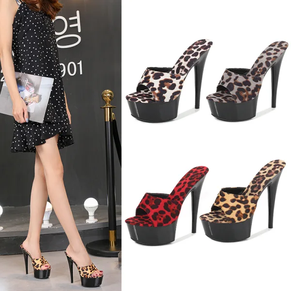 Sexy Brown Rave Club Leopard Print Womens Sandals 2020 15 cm Stiletto Heels Open / Peep Toe Sandals