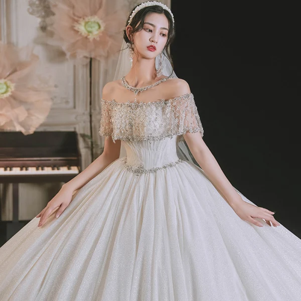 Luxury / Gorgeous Ivory Beading Rhinestone Sequins Wedding Dresses 2021 Ball Gown Scoop Neck Lace Flower Short Sleeve Backless Royal Train Wedding
