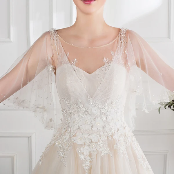 Chic / Beautiful Champagne Wedding Dresses 2018 Ball Gown Lace Appliques Pearl Scoop Neck Backless 1/2 Sleeves Floor-Length / Long Wedding