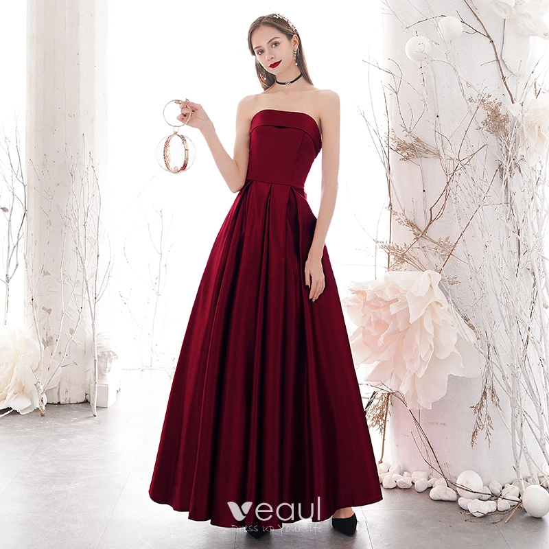 Elegant Burgundy Evening Dresses 2020 A-Line / Princess Strapless Sleeveless Backless Floor-Length / Long Formal Dresses