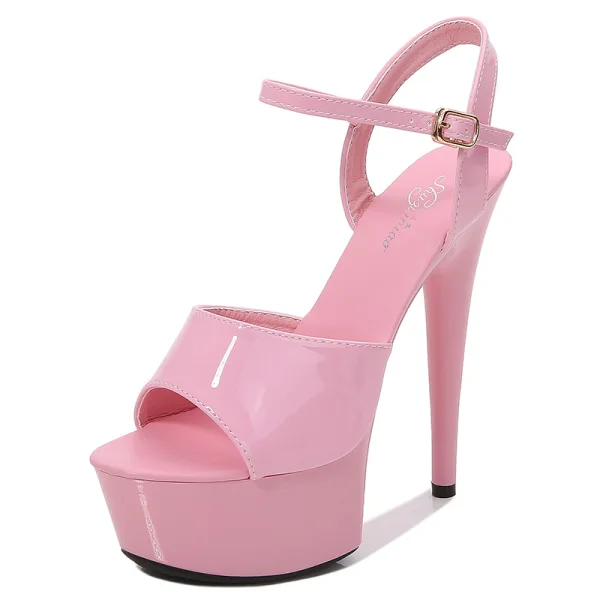 Sexy Schwarz Karneval Club Sandalen Damen 2020 Knöchelriemen 15 cm Stilettos Peeptoes Sandaletten