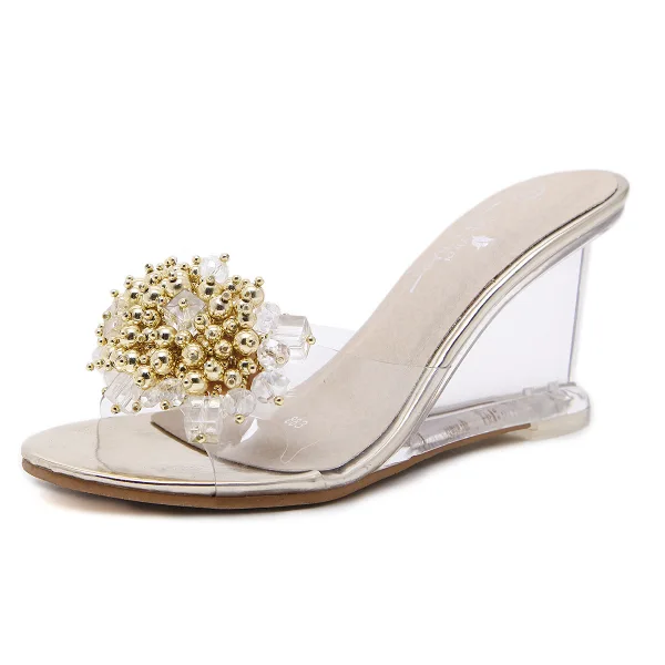 Chic / Beautiful Gold Casual Rhinestone Womens Sandals 2020 8 cm Wedges Open / Peep Toe Sandals