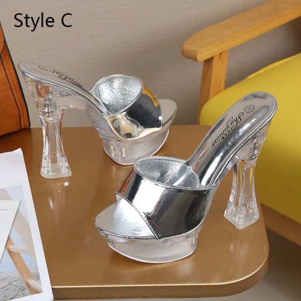 Schöne Silber Freizeit Sandalen Damen 2020 14 cm Thick Heels Peeptoes Sandaletten
