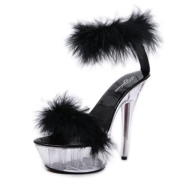 Sexy Weiß Kreuzfahrtschiff Feder Sandalen Damen 2020 Knöchelriemen 15 cm Stilettos Peeptoes Sandaletten