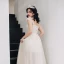 Schöne Champagner Brautkleider 2018 A Linie Mit Spitze Blumen Off Shoulder Rückenfreies Ärmellos Sweep / Pinsel Zug Hochzeit