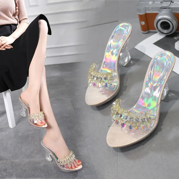 Charming Silver Street Wear Crystal Womens Sandals 2020 9 cm Stiletto Heels Open / Peep Toe Sandals