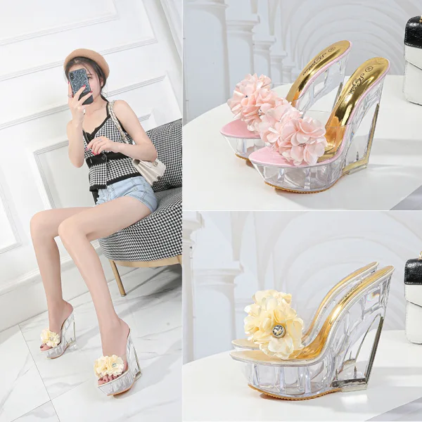 Chic / Belle Rougissant Rose Jardin / Extérieur Sandales Femme 2020 Appliques Faux Diamant 14 cm Compensées Peep Toes / Bout Ouvert Sandales