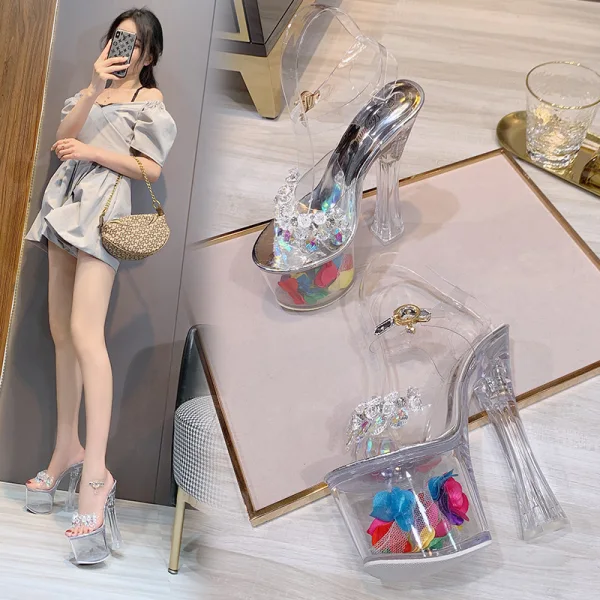 Sexy Transparent Argenté Club de carnaval Cristal Sandales Femme 2020 Bride Cheville Faux Diamant 17 cm Talons Épais Peep Toes / Bout Ouvert Sandales