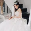 Amazing / Unique Ivory Wedding Dresses 2018 Ball Gown Lace Flower Appliques Rhinestone Sweetheart Backless Sleeveless Floor-Length / Long Wedding