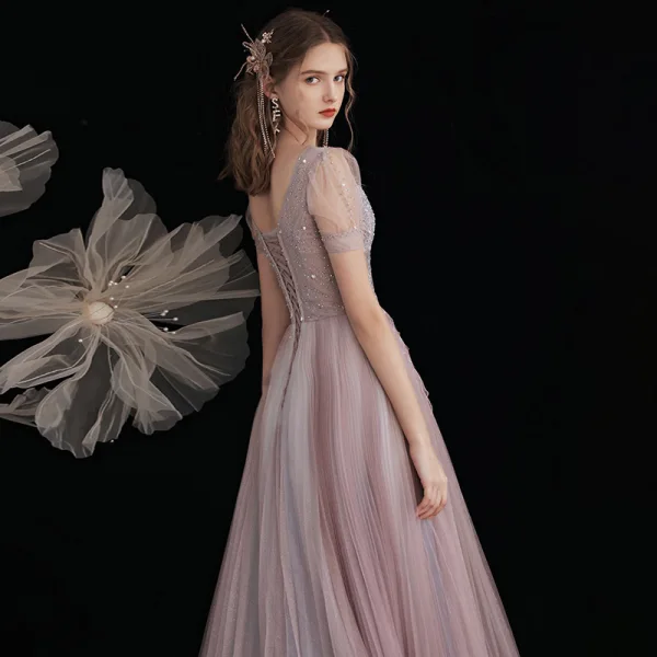 Luxury / Gorgeous Beading Sequins Lavender Evening Dresses  Prom Dresses 2021 A-Line / Princess Scoop Neck Short Sleeve Backless Floor-Length / Long Evening Party Formal Dresses