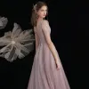 Luxury / Gorgeous Beading Sequins Lavender Evening Dresses  Prom Dresses 2021 A-Line / Princess Scoop Neck Short Sleeve Backless Floor-Length / Long Evening Party Formal Dresses