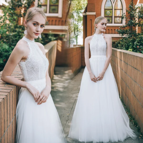 Chic / Beautiful Ivory Beach Wedding Dresses 2018 A-Line / Princess Lace Shoulders Sleeveless Floor-Length / Long Wedding