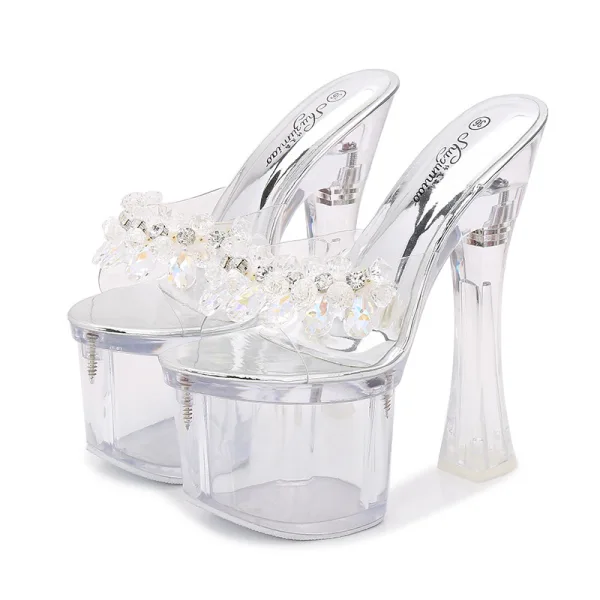 Sexy Transparent Argenté Club de carnaval Cristal Sandales Femme 2020 Faux Diamant 17 cm Talons Épais Peep Toes / Bout Ouvert Sandales