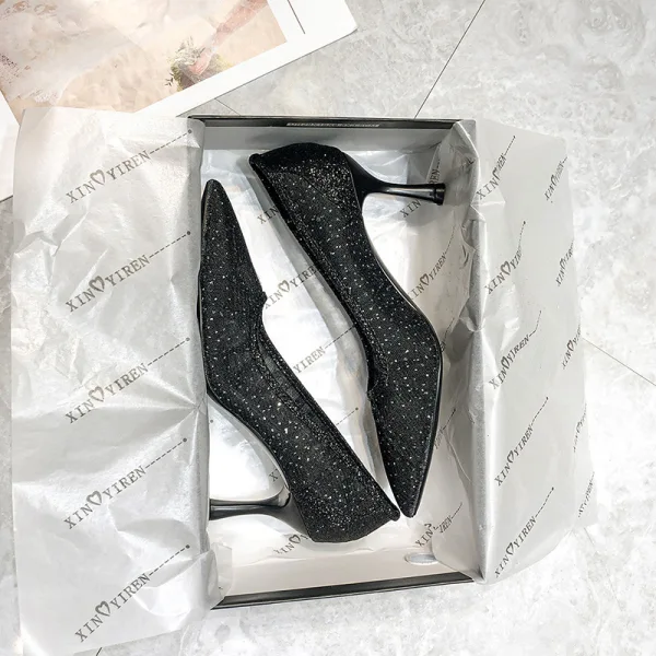 Charmant Argenté Soirée Escarpins 2020 Cuir Glitter Paillettes 7 cm Talons Aiguilles À Bout Pointu Escarpins