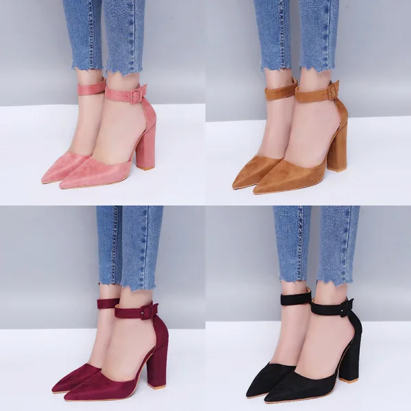 Betaalbare Bordeaux Toevallig Suede Sandalen Dames 2020 Enkelband 10 cm Dikke Hak Spitse Neus Sandalen