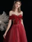 Charming Sparkly Red Glitter Prom Dresses 2021 A-Line / Princess Off-The-Shoulder Bow Sequins Sleeveless Backless Floor-Length / Long Prom Formal Dresses