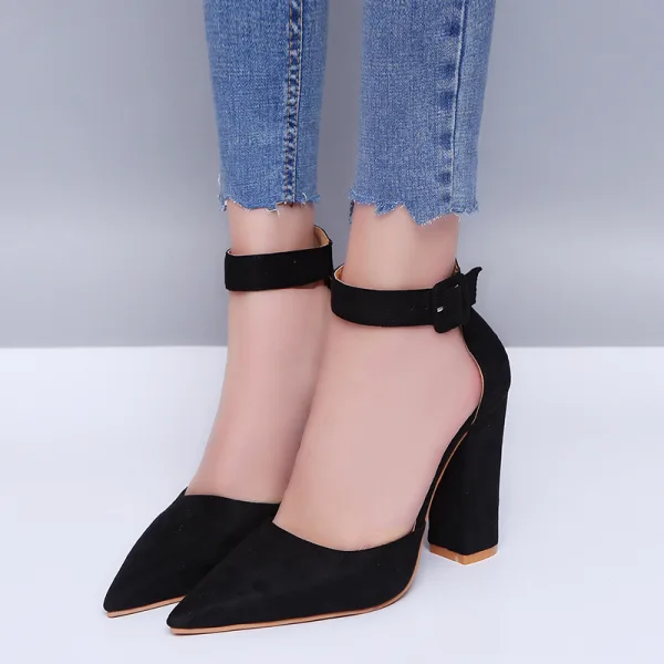 Prisvärd Brun Casual Sandaler Dam 2020 Ankelband 8 cm Tjocka Klackar Spetsiga Sandaler