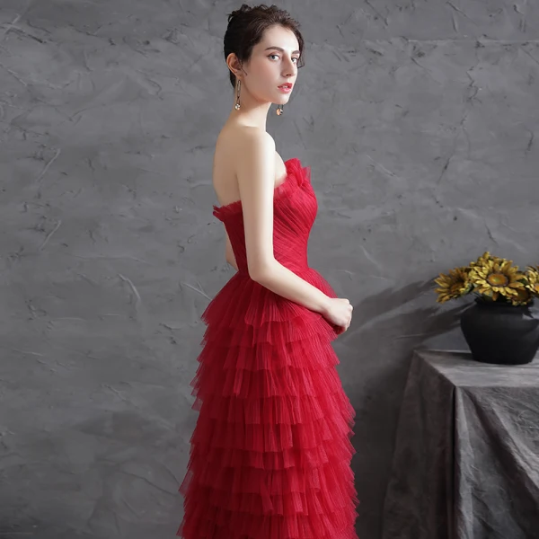 Sexy Red Pleated Evening Dresses  2021 A-Line / Princess Strapless Sleeveless Backless Evening Party Floor-Length / Long Formal Dresses