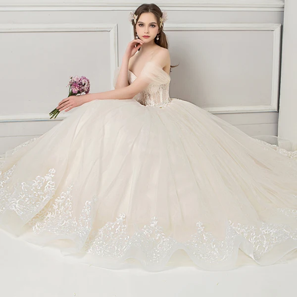 Elegant Champagne Wedding Dresses 2018 Ball Gown Lace Flower Beading Crystal Pearl Off-The-Shoulder Backless Sleeveless Floor-Length / Long Wedding