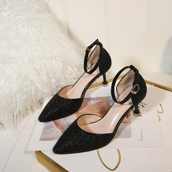 Fashion Gold Wedding Shoes 2020 Sequins Ankle Strap 6 cm Stiletto Heels Pointed Toe Wedding Heels