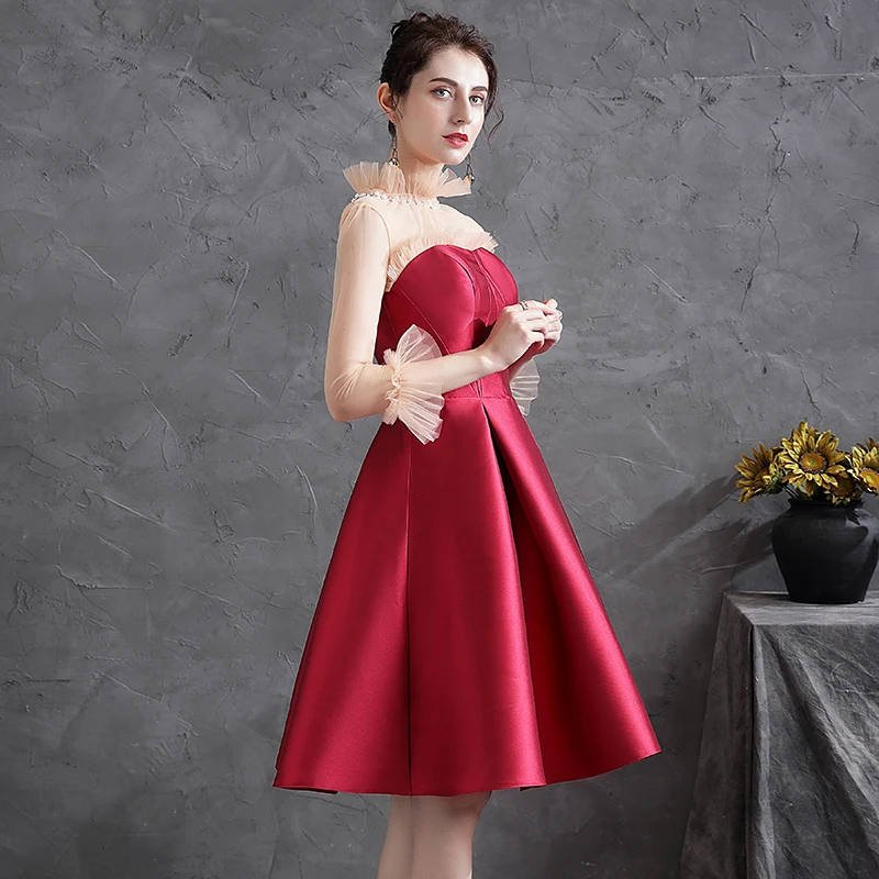 slim fit dress slacks Red Tulle Long A-Line Prom Dress, Cute Short Sleeve Graduation Dress main image 1