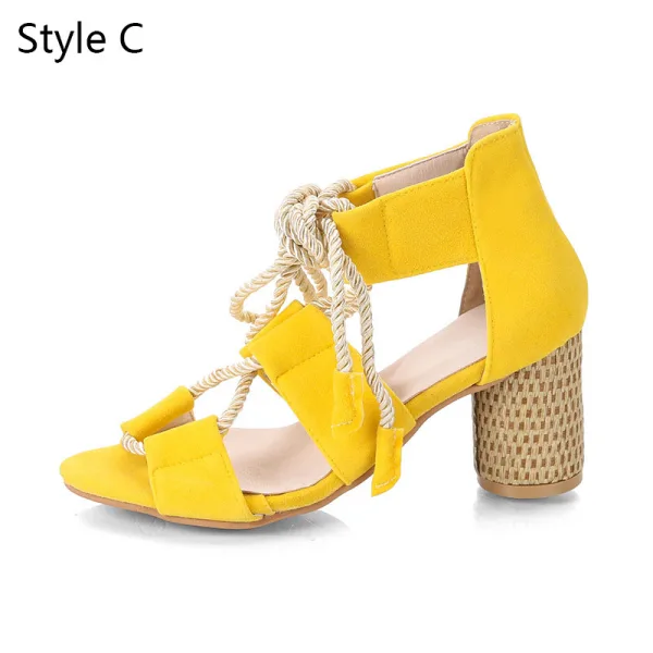 Fashion Yellow Street Wear Beach Womens Sandals 2020 Ankle Strap 7 cm Thick Heels Open / Peep Toe Sandals