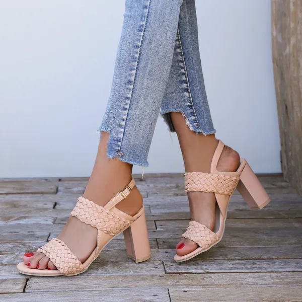 Modest / Simple Ivory Street Wear Womens Sandals 2020 8 cm Thick Heels Open / Peep Toe Sandals