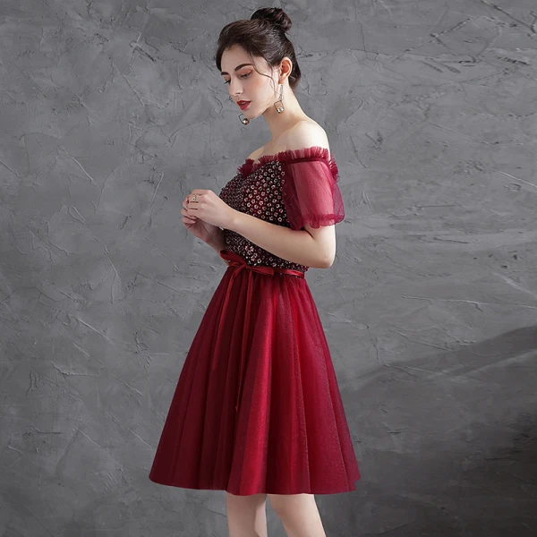 Glitter Burgundy Sequins Backless Short Party Dress