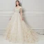Elegant Champagne Wedding Dresses 2018 Ball Gown Lace Flower Pearl V-Neck Backless Cap Sleeves Chapel Train Wedding