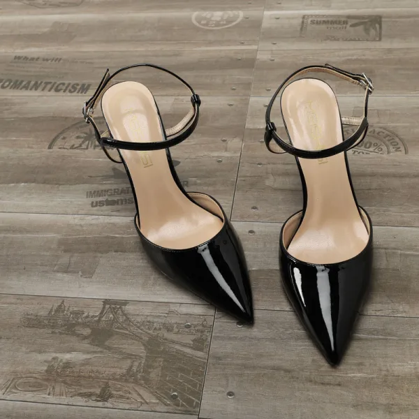 Fashion Black Street Wear Womens Sandals 2020 Patent Leather Ankle Strap 10 cm Stiletto Heels Pointed Toe Sandals