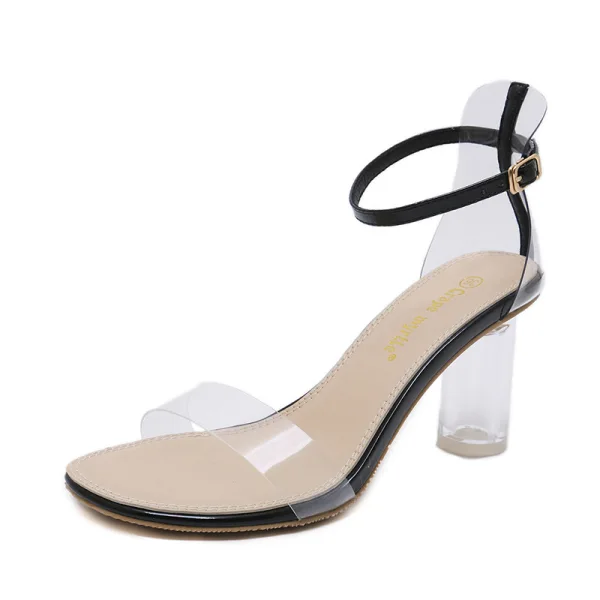 Transparent Schwarz Freizeit Sandalen Damen 2020 Knöchelriemen 7 cm Thick Heels Peeptoes Sandaletten
