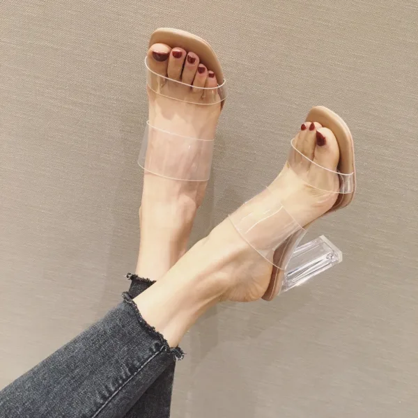 Transparent Beige Street Wear Womens Sandals 2020 9 cm Thick Heels Open / Peep Toe Sandals