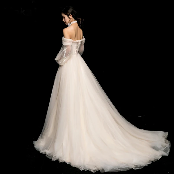 Modest / Simple Champagne Wedding Dresses 2018 A-Line / Princess Lace Off-The-Shoulder Backless 3/4 Sleeve Court Train Wedding