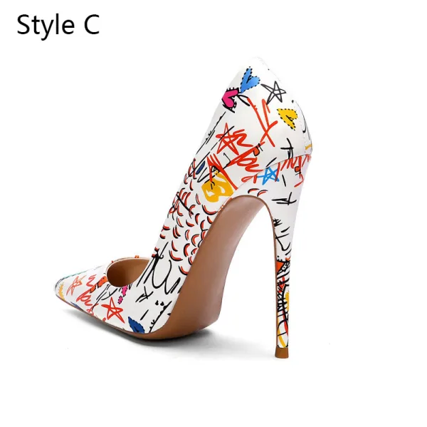 Fashion White Street Wear Doodle Cartoon Pumps 2020 12 cm Stiletto Heels Pointed Toe Pumps