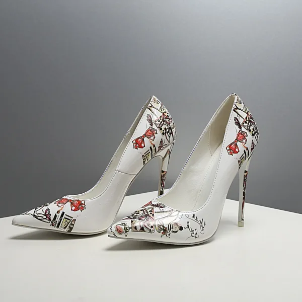 Fashion White Street Wear Pumps 2020 Doodle Cartoon 12 cm Stiletto Heels Pointed Toe Pumps