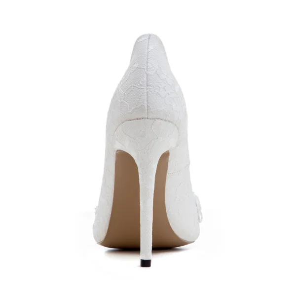 Charming White Wedding Shoes 2020 Rhinestone Lace Flower 12 cm Stiletto Heels Open / Peep Toe Wedding Pumps